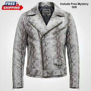 May include: A grey and white snakeskin-effect leather jacket in a classic biker style. It features an asymmetrical zip, notched lapels, and a waist belt. The jacket has a "Genuine Leather" label.
