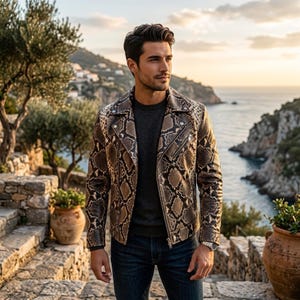 Snake Print Leather Jacket Men Python Embossed Handmade  Cowhide Biker Moto Jacket Gift Him