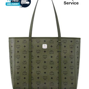 MCM Toni leren shopper olijfgroen Visetos, designer monogram draagtas voor dames jubileumcadeau