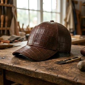 Könnte beinhalten: Braune Baseballkappe mit einem strukturierten, krokodilartigen Muster. Die Kappe besteht aus einem lederartigen Material und hat einen gebogenen Schirm. Die Kappe liegt auf einer Holzoberfläche.
