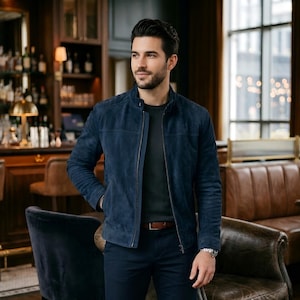navy suede jacket men | mens suede moto jacket | blue leather biker jacket | suede zip jacket | café racer jacket men | mens fall leather outerwear | genuine suede jacket