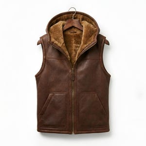 May include: A brown leather vest with a hood and a full-length zipper. The vest has a brown fur lining and two front pockets. It is hanging on a wooden hanger.
