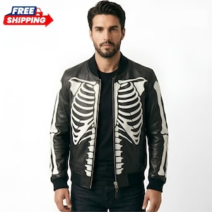 Herren Skelett Leder Bomberjacke, Halloween Biker Brustkorb, Schwarz Burgund, Geschenk für Ihn