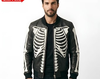 Men's Skeleton Leather Bomber Jacket, Halloween Biker Rib Cage, Black Burgundy, Gift For Him