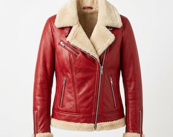 Red Leather Shearling Jacket Women Sheepskin Faux Fur Collar Biker Aviator Moto Winter Coat Gift