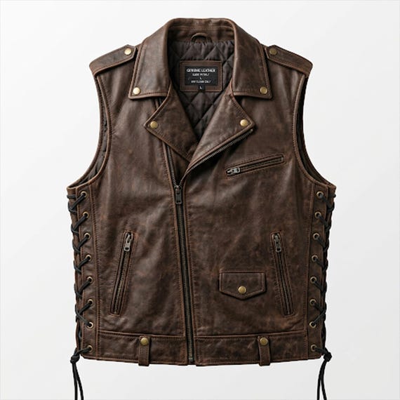 Distressed Brown Leather Biker Vest Men Side Lace Motorcycle Waistcoat Vintage Cruiser Outlaw Gilet