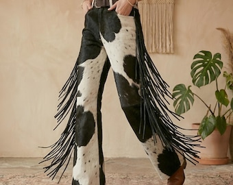 Pantalones de piel de vaca con flecos para mujer - Ropa vaquera estilo western hecha a mano y personalizada para rodeo - Regalo ideal para él