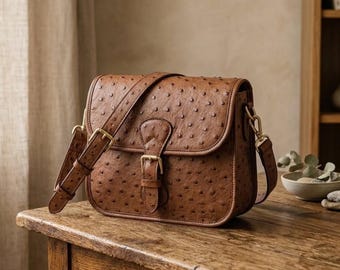 Luxe leren crossbodytas met struisvogelreliëf dames, draagtas, schoudertassen voor dames, cadeau voor vrouw