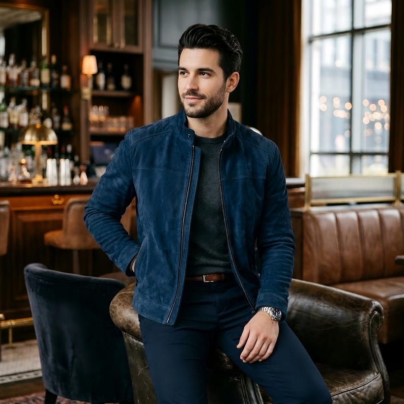 mens smart casual leather jacket | suede jacket lifestyle photo | navy moto jacket outfit | leather jacket wristwatch style | mens fall outerwear look | suede jacket ootd