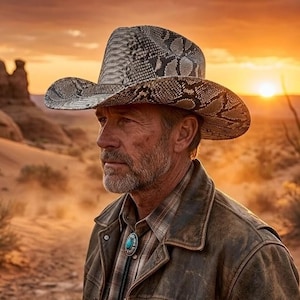 Puede incluir: Un hombre con un sombrero de vaquero con estampado de piel de serpiente en un paisaje desértico. Lleva una chaqueta de cuero marrón y una corbata bolo turquesa. La sombra del sombrero cae sobre su rostro. El fondo muestra una puesta de sol.