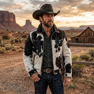 May include: A black and white cowhide print jacket with a fold-down collar, long sleeves, and a front zip fastening, worn over a dark grey button-down shirt and dark blue denim jeans, paired with a brown felt cowboy hat and a brown leather belt.