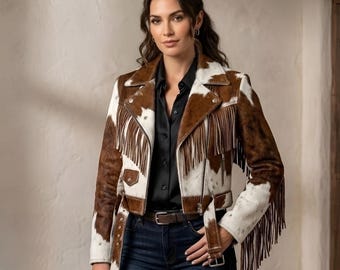 Retro Hair On Cowhide Fringe Leather Motorbike Jacket | Western Cowboy Style | Gift For Her