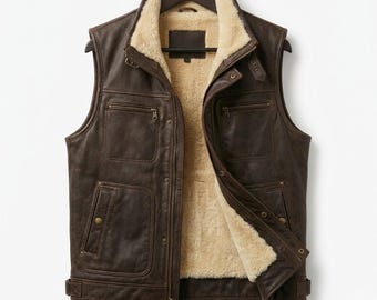 Men's Leather Vest Sheepskin With Faux Fur Brown Retro Style Waistcoat Gift For Him