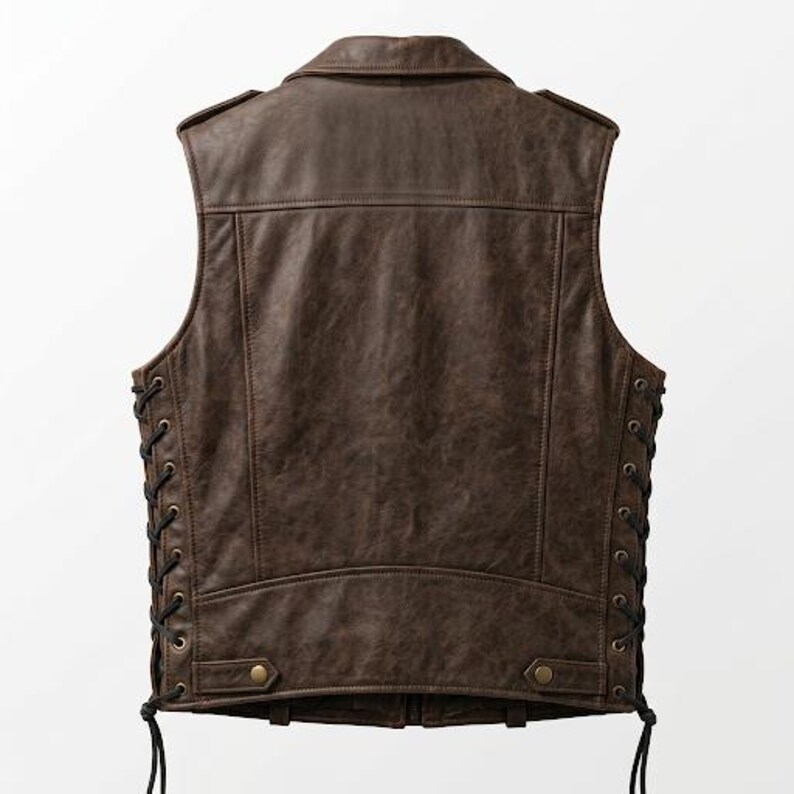 leather vest back | biker vest back view | mens leather vest back | side lace vest back | leather patch vest | motorcycle vest back | distressed leather back | punk vest back | moto vest men | rocker leather vest | western vest back | leather waistcoat back | cafe racer vest back | vintage moto vest | rugged leather back | adjustable lace vest | tailored leather vest | brown leather back view | handmade vest back | mens vest silhouette