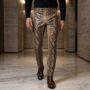Men’s Snakeskin Print Leather Pants Cowhide Python Embossed Slim Fit Trousers Rocker Streetwear Gift