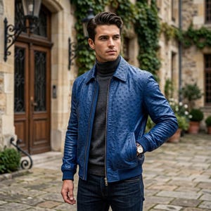 Chaqueta de cuero azul con relieve de avestruz para hombre, estilo bomber de piel de vaca, hecha a mano, estilo vintage, ideal como regalo.