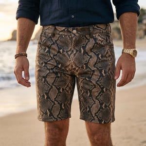 Men’s Snake Print Leather Shorts | Python Embossed Genuine Leather Bermuda | Boho Western Biker Style
