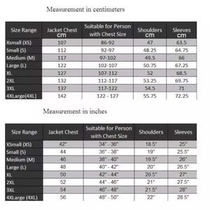 May include: A size chart for a jacket featuring two tables with measurements in centimeters and inches. The rows list sizes from Xsmall to 4XLarge, with columns for jacket chest, suitable person chest size, shoulder width, and sleeve length.