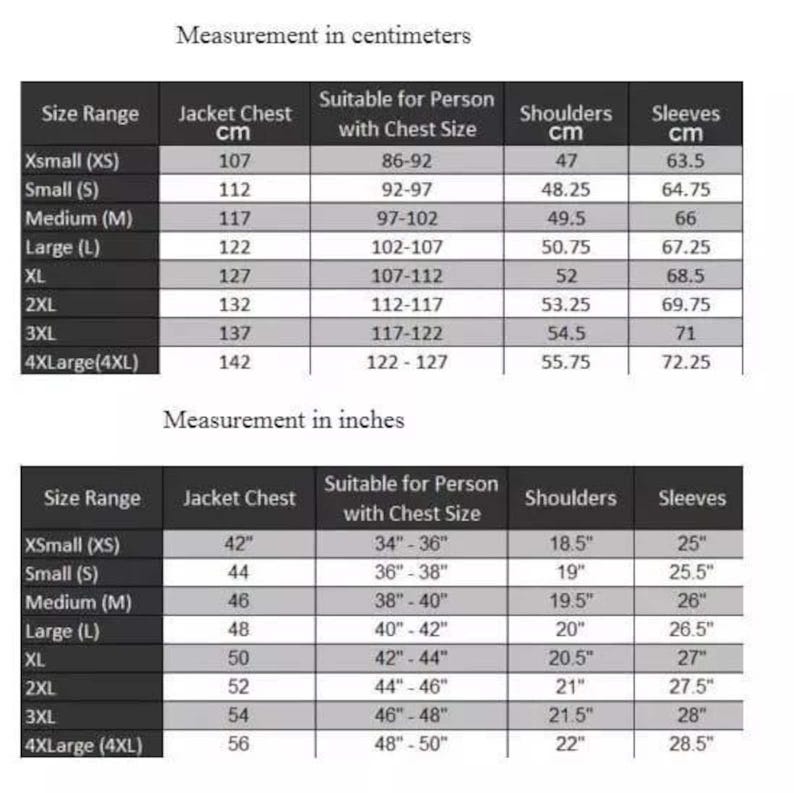 May include: A size chart for a jacket featuring two tables with measurements in centimeters and inches. The rows list sizes from Xsmall to 4XLarge, with columns for jacket chest, suitable person chest size, shoulder width, and sleeve length.