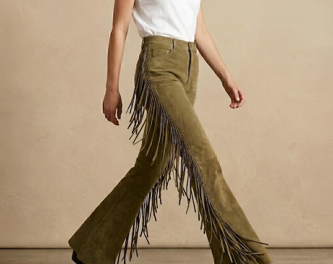 Womens Green Fringe Suede Leather Pants Boho Western Cowgirl Bell Bottomed Pants anniversari giftful