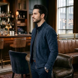 suede jacket side profile | slim fit moto jacket | mens stand collar jacket | navy suede silhouette | biker jacket men fashion | café racer style jacket