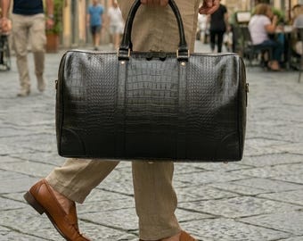 Borsa da viaggio/borsone da weekend in pelle nera con stampa coccodrillo / Regalo di lusso per lui