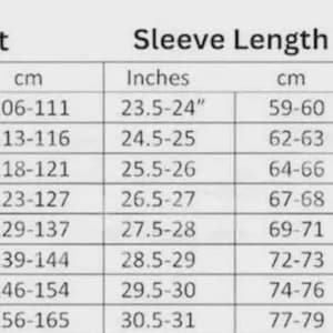 May include: A black and white sizing chart table with columns for Chest, Sleeve Length, and Waist. The rows list sizes from XS to 4XL, providing corresponding measurements in inches and centimeters for each category to assist with garment selection.