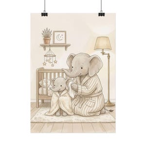 Physical Wall Art Print | Whimsical Nursery Wall Decor | Mom elephant cleaning baby's ears after shower