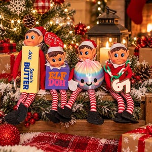 May include: Four elf dolls with red and white striped legs and black shoes. One holds a yellow box labeled .4oz Santa's BUTTER, one a purple box labeled ELF DOH, one a pastel iridescent sphere, and one a green chain with the number 67.