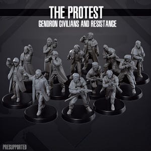 Op de afbeelding: Een verzameling grijze miniatuurfiguren die burgers en verzetsstrijders uitbeelden. De figuren staan op zwarte, cirkelvormige bases en bevinden zich in verschillende actiehoudingen. De tekst "THE PROTEST" en "GENDRON CIVILIANS AND RESISTANCE" is zichtbaar bovenaan.