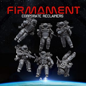 Op de afbeelding: Zes grijze miniatuur astronautenfiguren in verschillende poses, tegen een ruimteachtergrond met de rode tekst "FIRMANENT CORPORATE RECLAIMERS". De figuren zijn gedetailleerd met ruimtepakken en uitrusting.