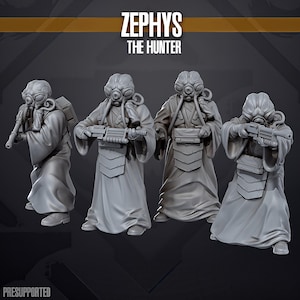 May include: Four gray figures of Zephys the Hunter, each wearing a mask with a breathing apparatus and a long robe. They are holding weapons, with the text "ZEPHYS THE HUNTER" at the top. The figures are 3D printed miniatures.