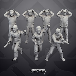 May include: A set of seven grey miniature figures in uniform, with four standing with hands behind their heads and three in dynamic action poses holding small blasters. The figures are unpainted and feature detailed facial expressions. Text reads PRESUPPORTED.