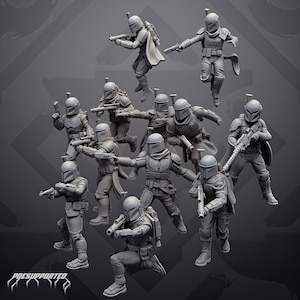 May include: A collection of ten grey miniature figures depicting armoured warriors in various combat poses. Each figure wears a helmet with a T-shaped visor, chest armour, and utility belts, holding blasters or rifles. The text PRESUPPORTED is visible.