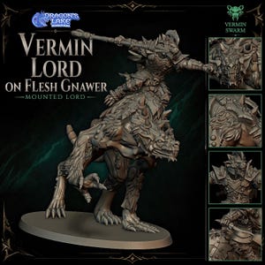 Pode incluir: Uma miniatura de resina castanha de um Vermin Lord sobre Flesh Gnawer, com um guerreiro semelhante a um rato montado numa grande besta musculada. A figura segura uma lança longa, com armadura detalhada, texturas de pelo e três painéis de detalhe.