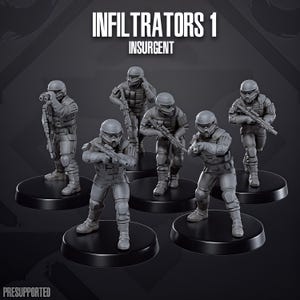 Pode incluir: Seis figuras cinzentas em miniatura de soldados com equipamento tático, cada uma sobre uma base circular preta. As figuras seguram rifles e outros equipamentos. O texto "INFILTRATORS 1 INSURGENT" é exibido acima das figuras.