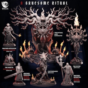 Könnte beinhalten: Eine Sammlung grauer Tabletop-Miniaturen aus Kunstharz mit dem Titel A Gruesome Ritual, bestehend aus dem The Entrail Gate Szenario, Brother Officiator, The Martyr, Brother Beheader, Cleptophagus, Brother Recruiter und The Victim auf 25mm oder 50mm Basen.