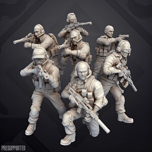 May include: A set of six unpainted miniature soldier figurines in tactical gear, each holding a rifle or handgun. The figures are posed in various combat stances, wearing headsets, vests, and knee pads. The text PRESUPPORTED is visible.