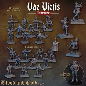 Puede incluir: Una colección de figuras en miniatura grises del set Vae Victis Miniatures Blood and Gold Vol. 7. La muestra incluye un set modular de más de 100 piezas, 10 monoposes y una figura de Bae Victis. Cada figura se asienta sobre una base cuadrada.