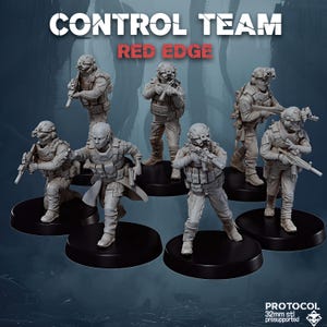 May include: A set of seven grey miniature soldier figurines titled CONTROL TEAM RED EDGE. Each figure wears tactical gear, helmets with night vision goggles, and carries rifles. They stand on circular black bases. Text includes 32mm stl presupported.