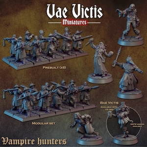 Puede incluir: Una colección de figuras en miniatura grises etiquetadas como Vae Victis Miniatures y Vampire hunters. El conjunto incluye dos bases rectangulares con seis soldados cada una, además de varias figuras individuales que incluyen un zombi, un médico de la peste y una mujer.