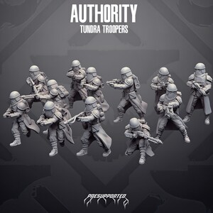 Op de afbeelding: Een set van tien grijze miniatuursoldaatjes met de titel AUTHORITY TUNDRA TROOPERS. Elk figuur draagt een helm, een lange jas en tactische uitrusting en houdt verschillende geweren vast. De tekst PRESUPPORTED is onderaan zichtbaar.
