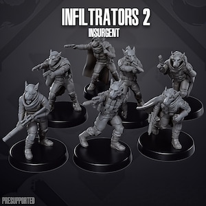 May include: A group of grey miniature figurines of anthropomorphic characters in tactical gear, armed with weapons. The figures are on black circular bases. The text "INFILTRATORS 2 INSURGENT" is at the top, with "PRESUPPORTED" at the bottom.