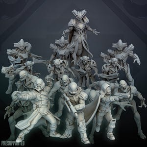 Könnte beinhalten: Eine Sammlung grauer Miniaturfiguren aus Kunstharz mit einer zentralen, großen, gepanzerten Figur, umgeben von verschiedenen außerirdischen Kreaturen und Humanoiden in taktischer Ausrüstung, teilweise bewaffnet, mit dem Text PRESUPPORTED unten.