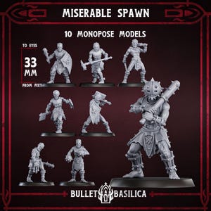 Puede incluir: Un conjunto de 10 figuras en miniatura de plástico gris tituladas Miserable Spawn de Bullet Basilica. Las figuras son modelos monopose que miden 33 mm desde los pies hasta los ojos. Cada personaje lleva armadura y porta armas como mazas.