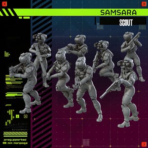 Könnte beinhalten: Eine Gruppe grauer, futuristischer Scout-Figuren, jede mit einer Waffe, wird in verschiedenen Action-Posen dargestellt. Die Figuren tragen Helme und Körperpanzer. Die Wörter "SAMSARA" und "SCOUT" sind oben rechts zu sehen.