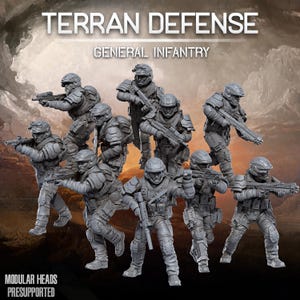 Pode incluir: Um conjunto de figuras de soldados em miniatura cinzentas intitulado Terran Defense General Infantry. As figuras são representadas em várias poses de combate, usando armaduras táticas e capacetes, e segurando espingardas. O texto diz Terran Defense General Infantry.