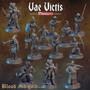 Puede incluir: Una colección de doce miniaturas de personajes de fantasía grises sin pintar dispuestas en una cuadrícula. El texto Vae Victis Miniatures y Blood and gold vol.2 es visible. Cada figura se encuentra sobre una base circular y presenta ropa, armadura y armas detalladas.