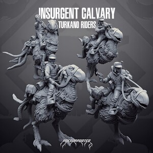 Op de afbeelding: Vier grijze miniatuurfiguren van ruiters op grote gevederde wezens, gelabeld Insurgent Calvary Turkano Riders. Elke ruiter draagt tactische uitrusting en helmen, en houdt wapens vast terwijl ze op gezadelde, vogelachtige dieren zitten.
