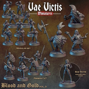 Puede incluir: Una colección de figuras en miniatura grises titulada Vae Victis Miniatures Blood and Gold Vol. 3. El conjunto incluye varios soldados blindados con espadas, escudos y armas de asta, junto a una figura femenina etiquetada como Bae Victis.